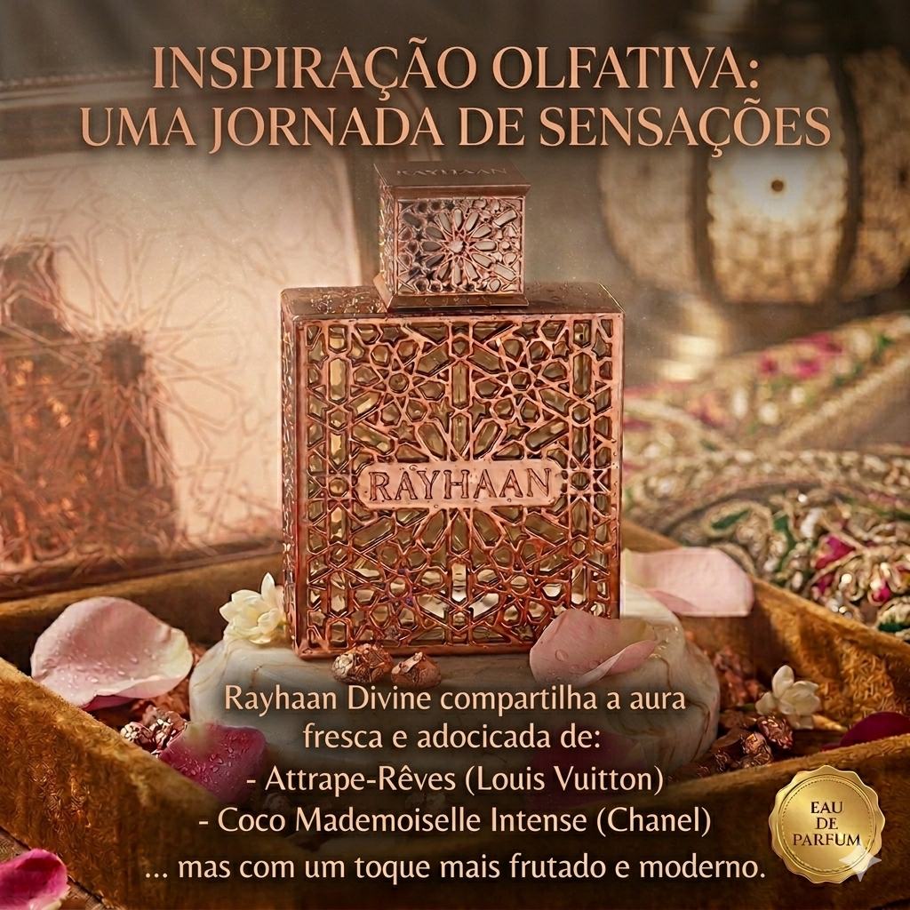 Perfume Rayhaan Divine Original da Luxos do Oriente, frasco elegante com perfume Eau de Parfum em vidro translúcido.