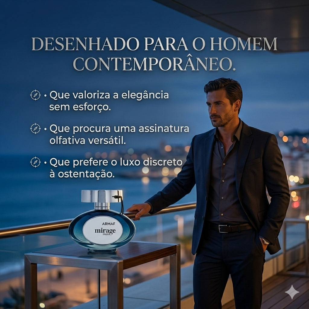 Frasco de Eau de Parfum Mirage Man da Armaf, com design elegante e detalhes que representam a essência da fragrância.