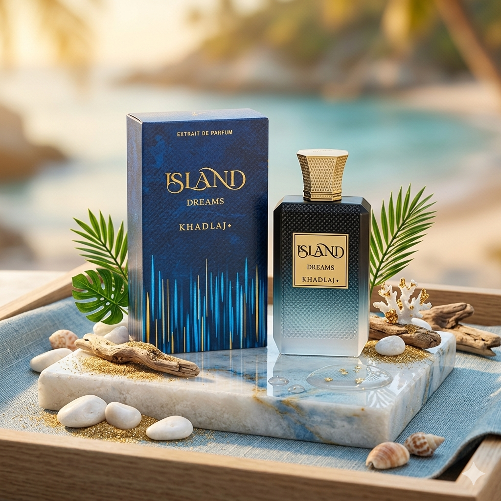 Frasco de perfume Island Dreams Khadlaj Original, extrato de parfum com design elegante, para fragrância sofisticada e duradoura.