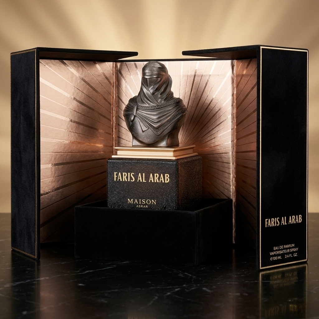 Faris Al Arab Eau de Parfum by Luxos do Oriente in an elegant bottle with intricate design and rich, aromatic essence.