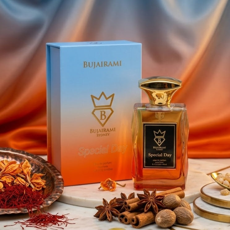 Perfume Eau de Parfum Special Day Bujairami da Luxos do Oriente, frasco elegante com aroma floral e oriental.