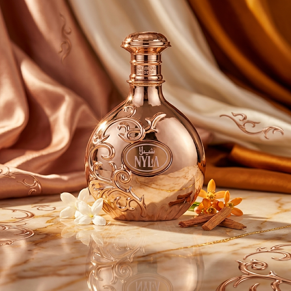 Nyla Eau de Parfum Arabiyat Prestige da Luxos do Oriente, frasco elegante de perfume com detalhes dourados e rótulo.