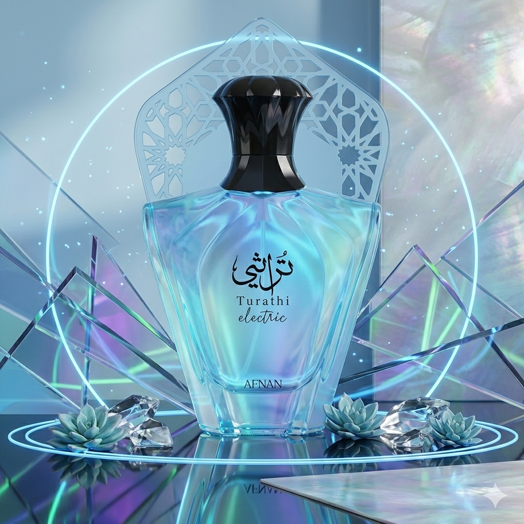 Perfume Afnan Original Turathi Electric Eau de Parfum, frasco elegante com detalhes dourados e logotipo Luxos do Oriente.