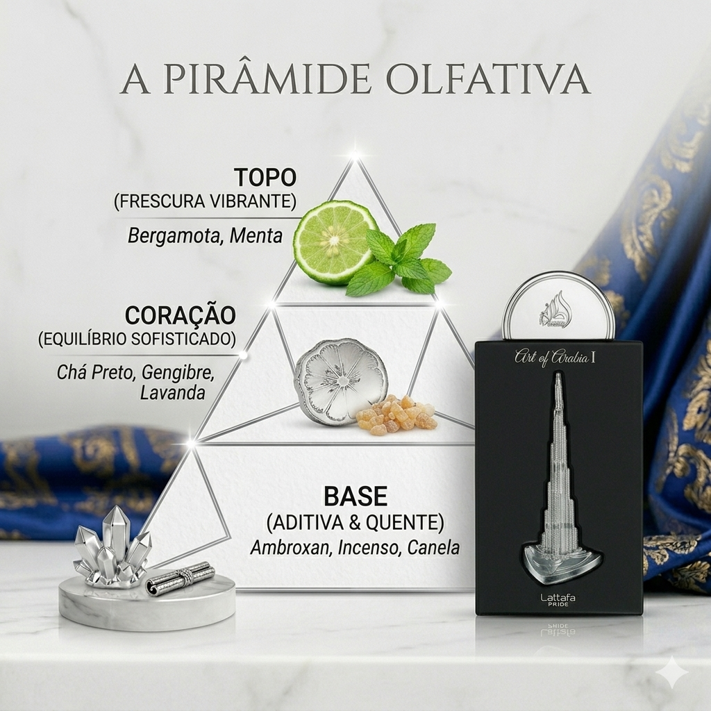 Frasco de perfume Art of Arabia I - Eau de Parfum da Lattafa Pride, embalagem elegante com detalhes dourados e fragrância oriental.