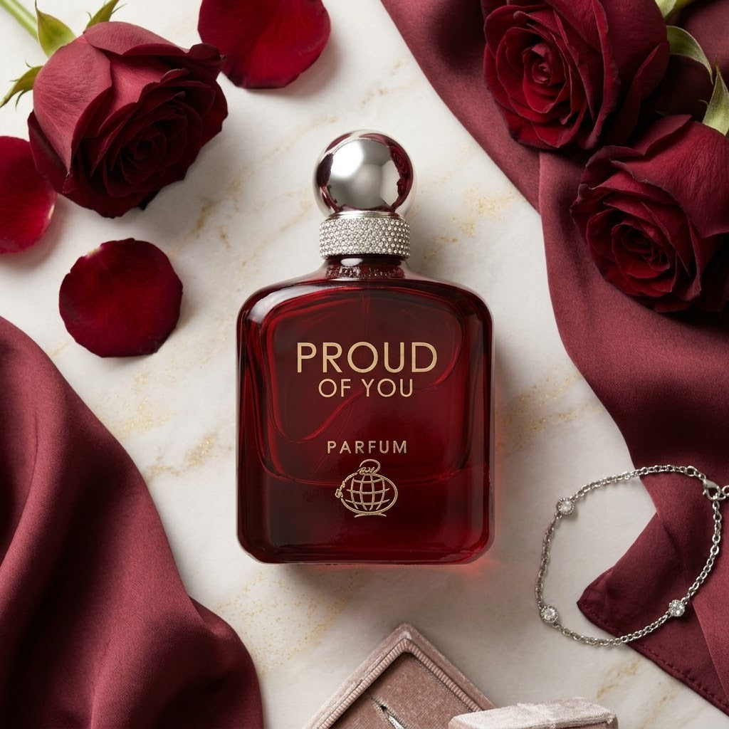 Frasco de perfume Eau de Parfum Proud Of You da Fragrance World, embalagem elegante da Luxos do Oriente.