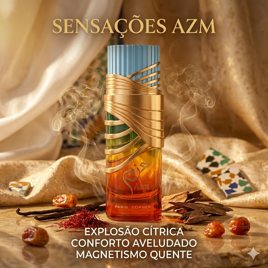 Eau de Parfum Luxos do Oriente AZM Paris Corner Original, embalagem elegante com frasco de perfume.