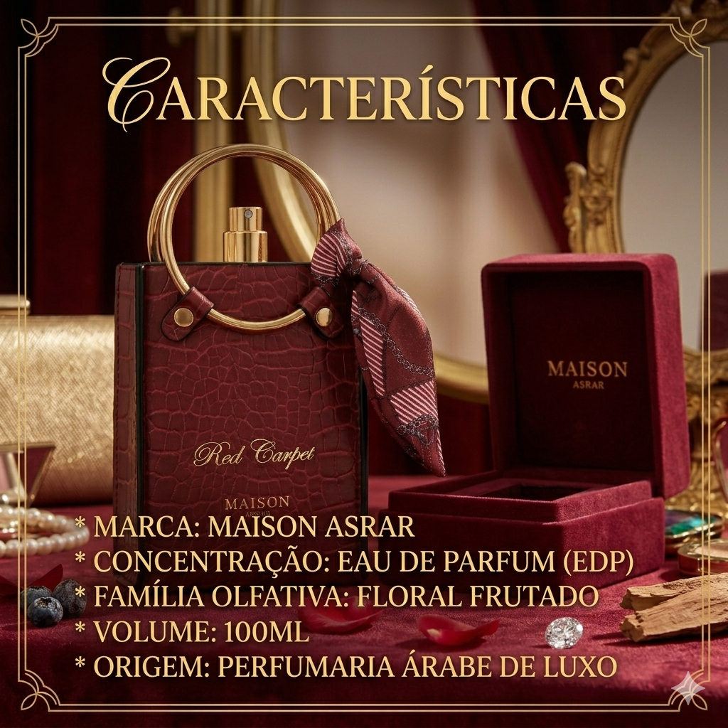 Frasco de perfume Eau de Parfum Red Carpet da Maison Asrar, com design elegante e fragrância intensa, para mulheres sofisticadas.