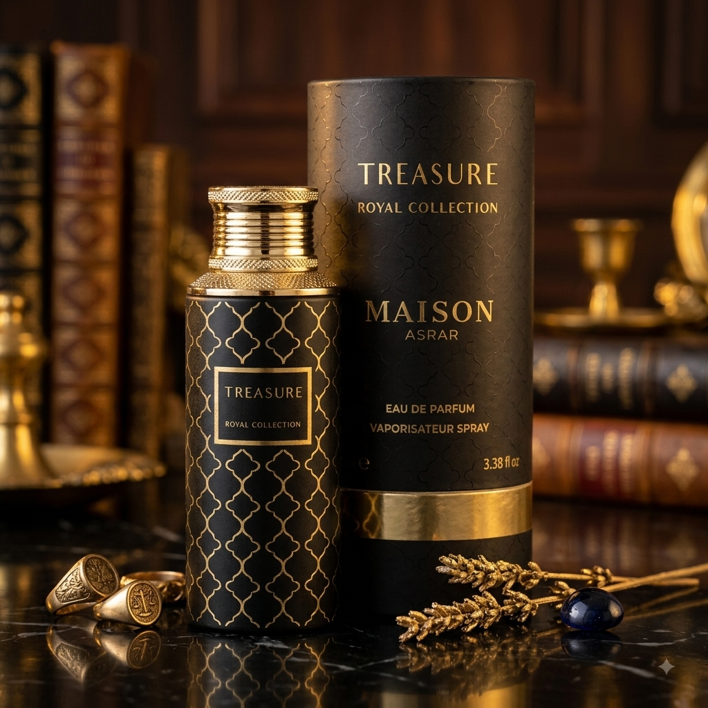 Frasco de perfume Eau de Parfum Treasure da Maison Asrar, embalagem elegante e perfume luxuoso do Oriente.
