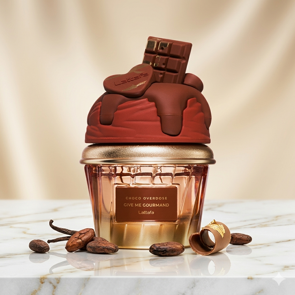 Eau de Parfum Lattafa Choco Overdose, fragrância oriental com notas de chocolate, embalagem elegante na imagem.