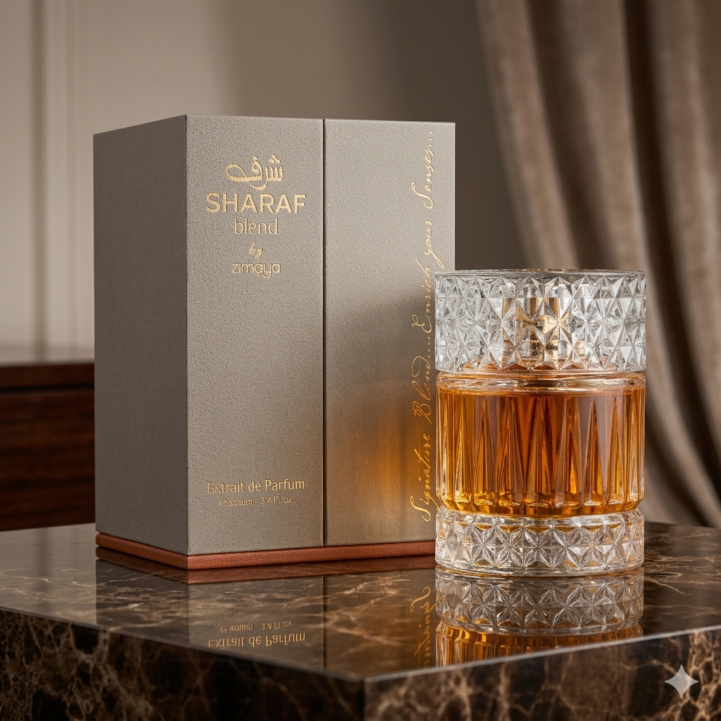 Extrait de parfum Sharaf Blend Zimaya da Luxos do Oriente, frasco elegante com fragrância oriental e notas ricas e intensas.