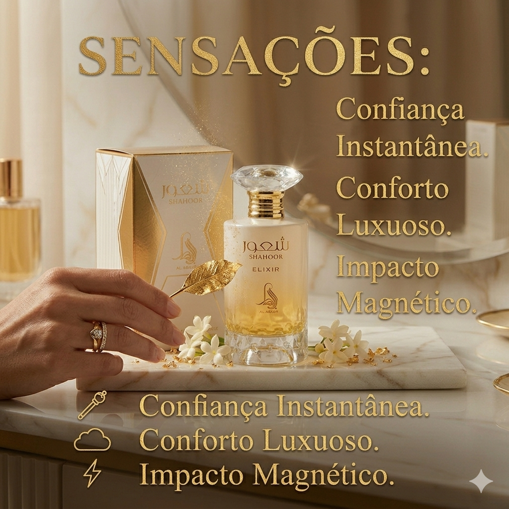 Frasco de perfume Shahoor Elixir da Fragrance World, embalagem original, com design elegante e detalhes dourados.