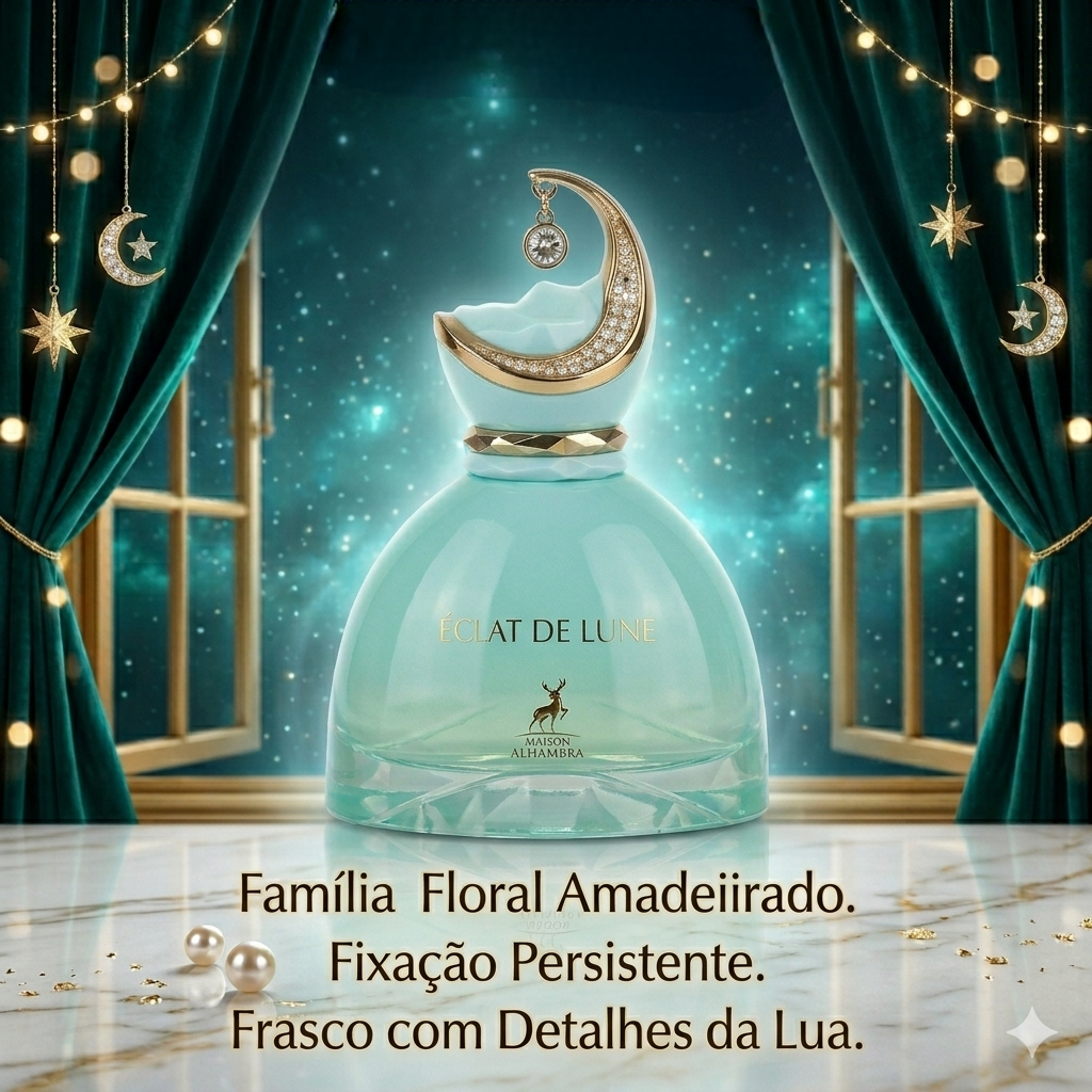 Frasco de perfume Éclat de Lune da Maison Alhambra, com embalagem elegante e detalhes dourados, para uma fragrância sofisticada.