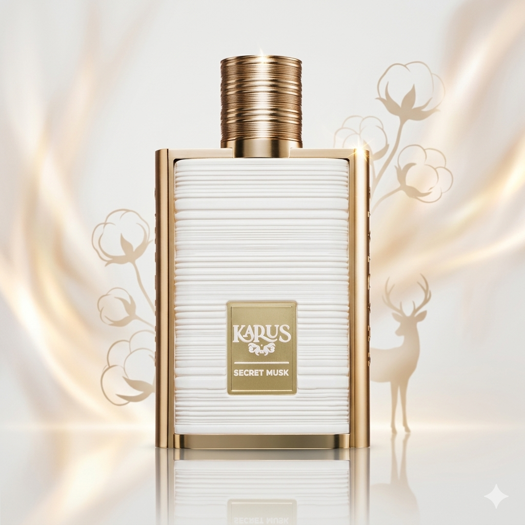 Frasco de Karus Secret Musk Eau de Parfum da Khadlaj, com design elegante, para perfumar com aroma floral e musk sofisticado.