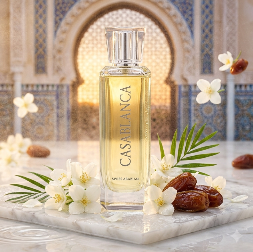 Frasco de Eau de Parfum Casablanca da Swiss Arabian, apresentando design elegante e embalagem sofisticada.