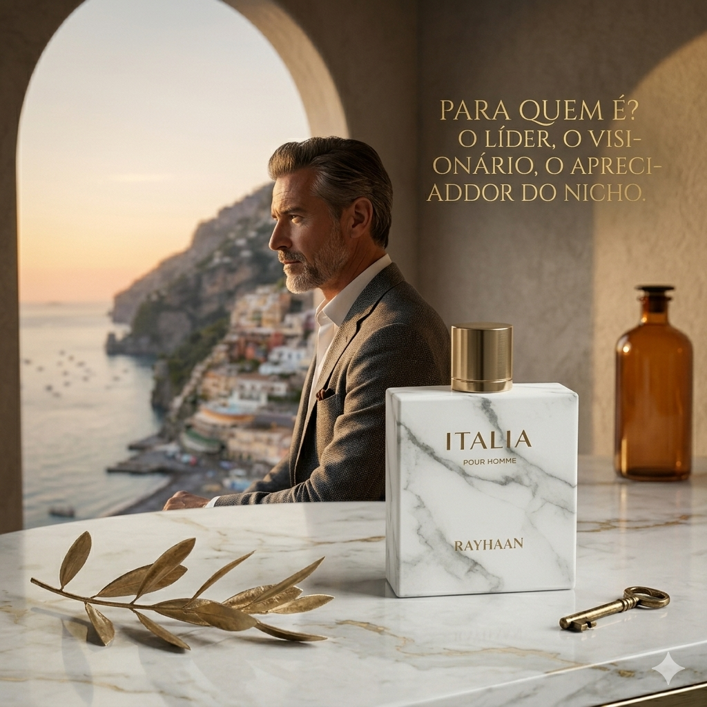 Frasco de perfume Rayhaan Italia Eau de Parfum Rayhaan Original, embalagem elegante com detalhes dourados e líquido transparente