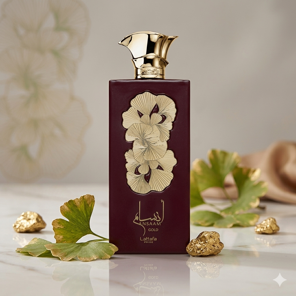 Ansaam Gold Eau de Parfum Lattafa Pride Original, frasco dourado com detalhes elegantes, perfume luxuoso e sofisticado.