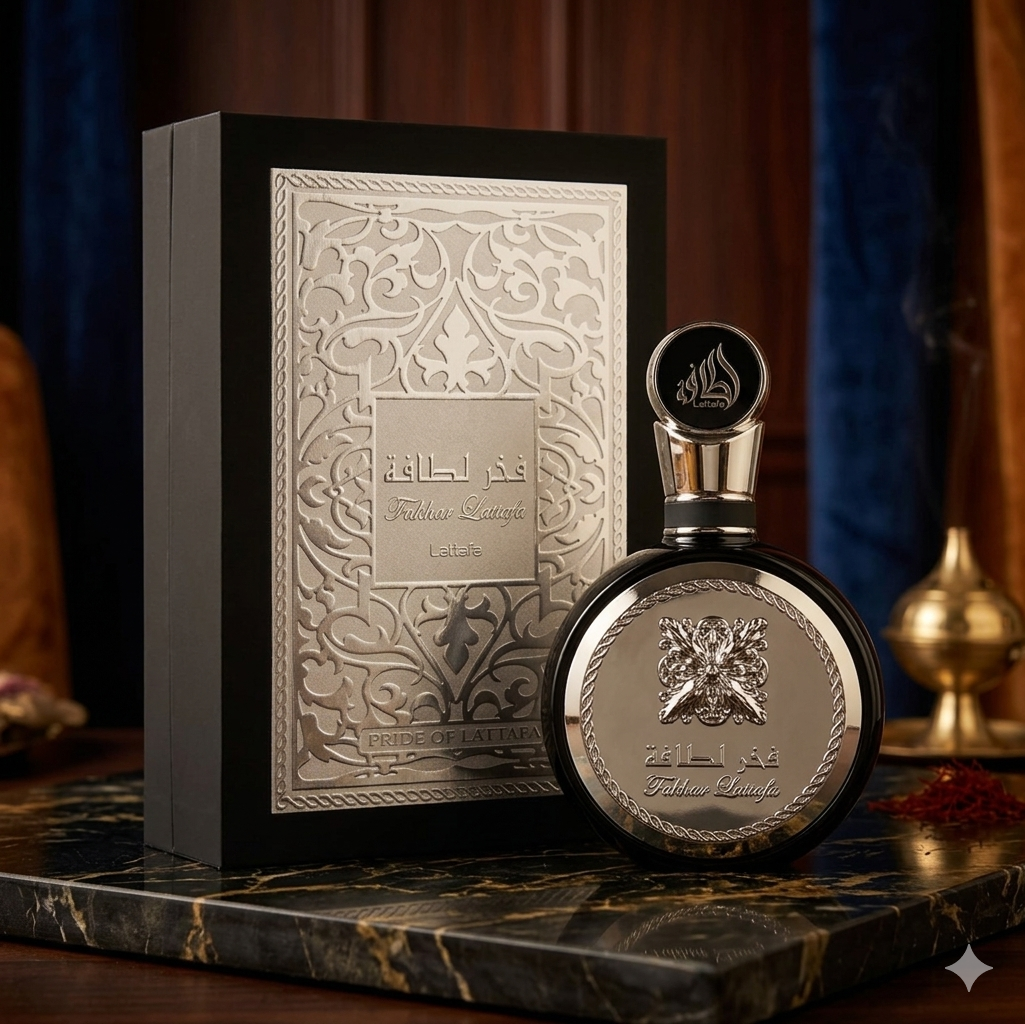Perfume Eau de Parfum Fakhar Black da Lattafa, fragrância oriental intensa com embalagem elegante e design sofisticado.