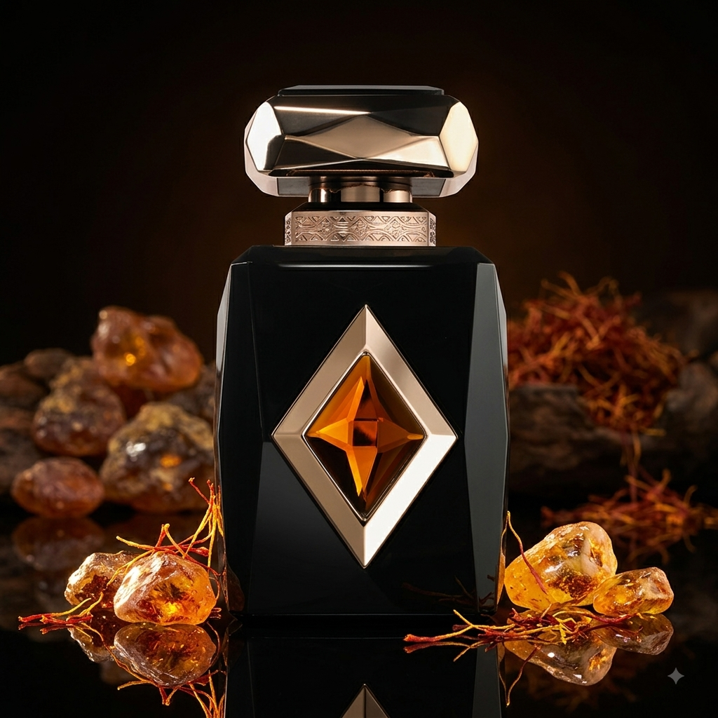 Frasco de perfume Amber Saffron da Luxos do Oriente, extrato de parfum com embalagem elegante e dourada, destaque no produto.