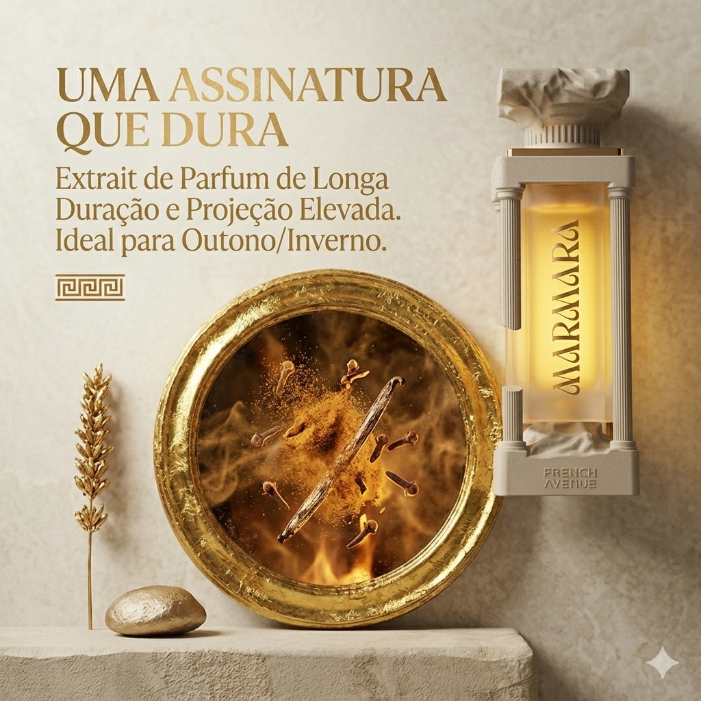 Extrait de parfum Marmara French Avenue da Luxos do Oriente, embalagem elegante com frasco de vidro e detalhes sofisticados.