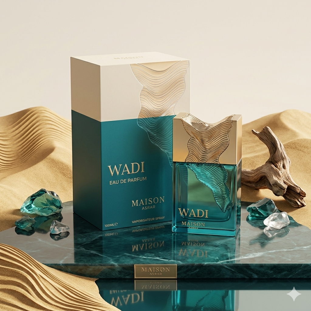 Frasco de perfume Wadi Eau de Parfum da Maison Asrar, com design elegante e detalhes que refletem a fragrância oriental.
