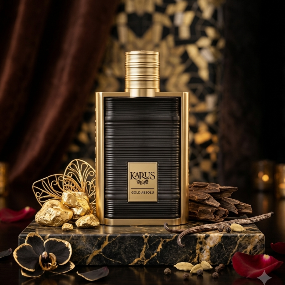 Frasco de perfume Karus Gold Absolu da Khadlaj, com design elegante e dourado, para fragrância de luxo.