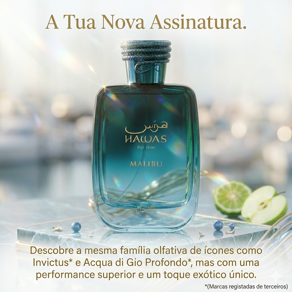 Frasco de perfume Hawas Malibu Eau de Parfum da Rasasi, com frasco elegante e detalhes dourados.