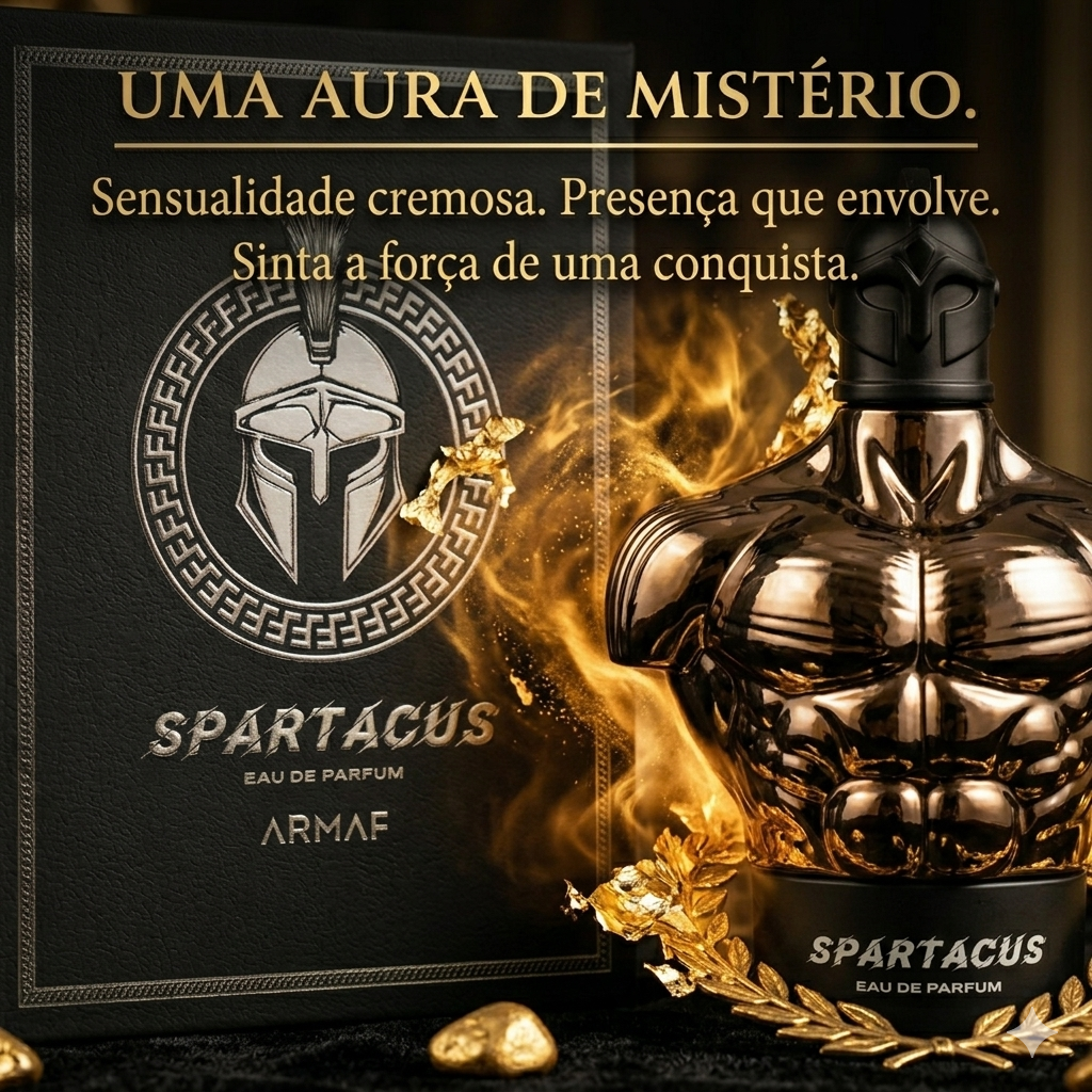 Frasco de Eau de Parfum Spartacus da Armaf, com design elegante e detalhes dourados, para homens sofisticados.