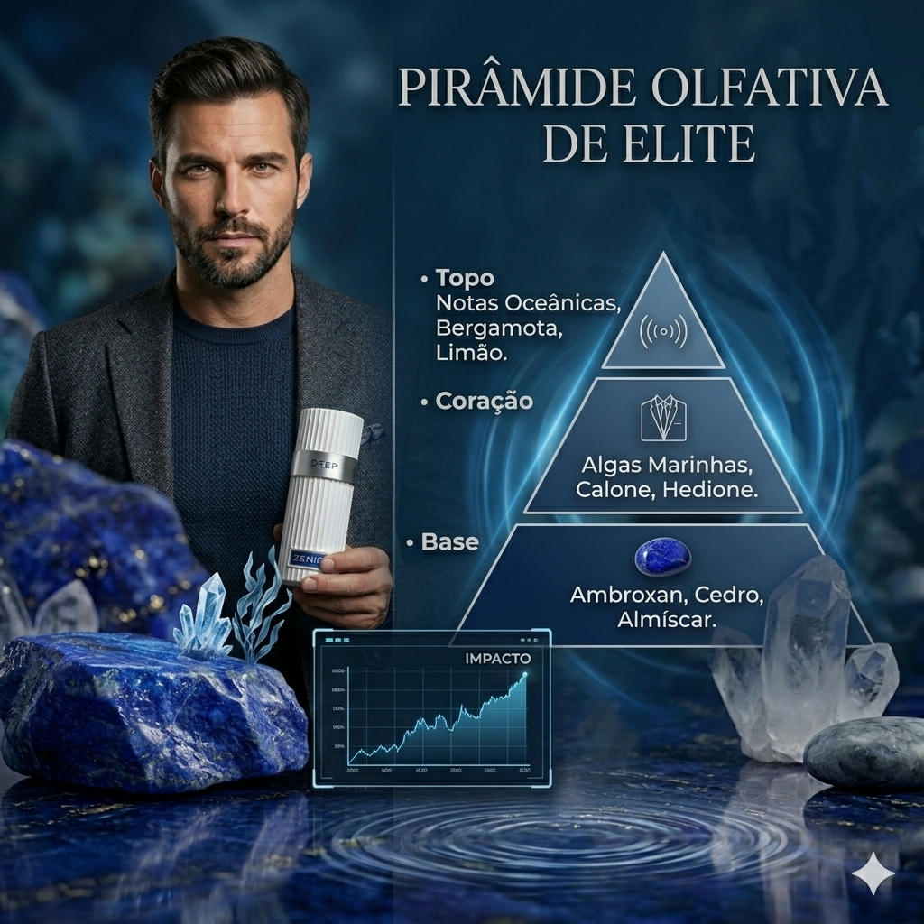 Frasco de perfume Zenith Deep Eau de Parfum da Luxos do Oriente, com design elegante e detalhes dourados sobre fundo neutro.