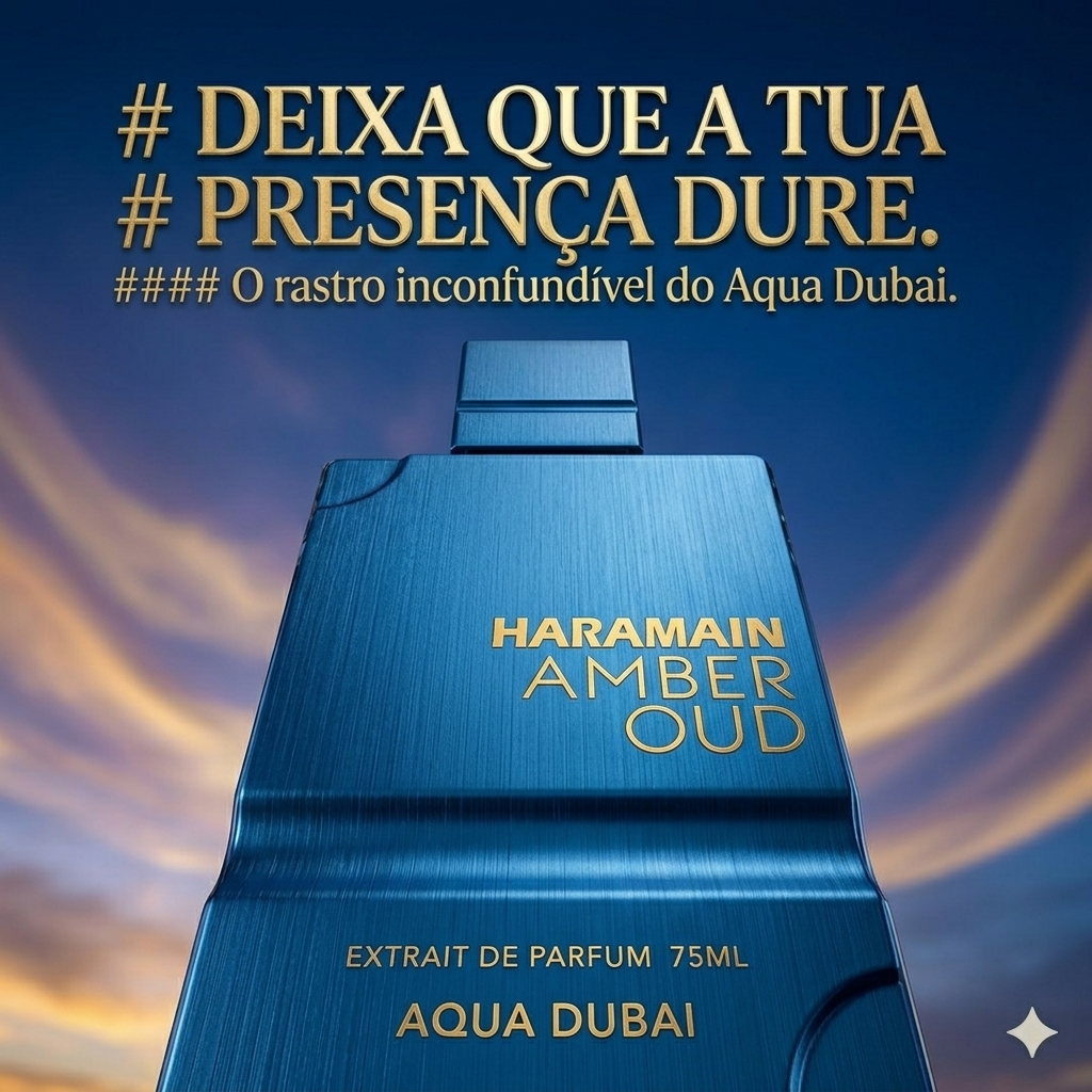 Frasco de perfume Haramain Amber Oud Aqua Dubai, extrait de parfum de marca Al Haramain, com design elegante e rótulo dourado.