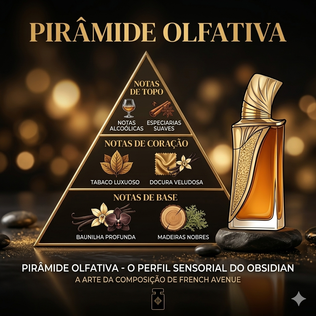 Frasco de perfume Obsidian da Luxos do Oriente, Extrait de Parfum French Avenue Original, com design elegante e detalhes dourados.