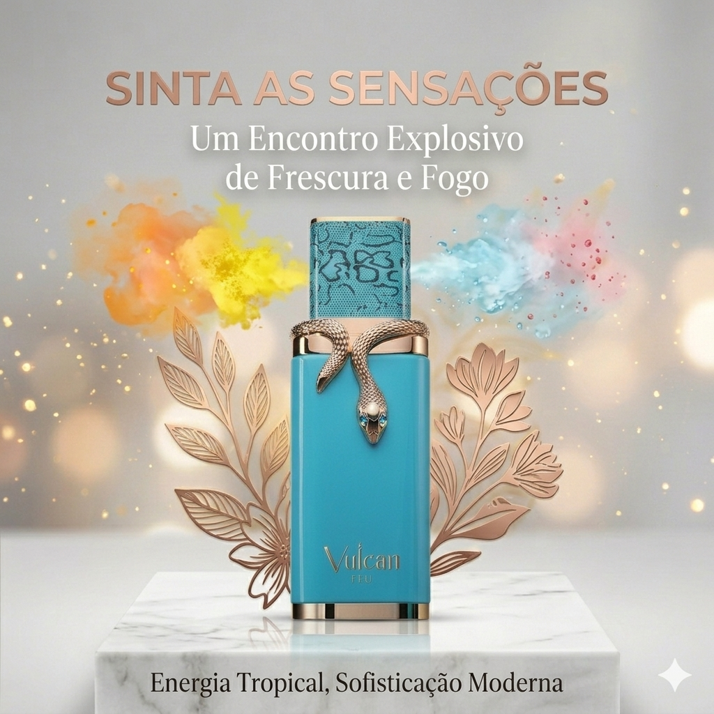 Vulcan Feu – French Avenue Original de Oud de Ouro, embalagem com frasco de perfume e detalhes dourados.