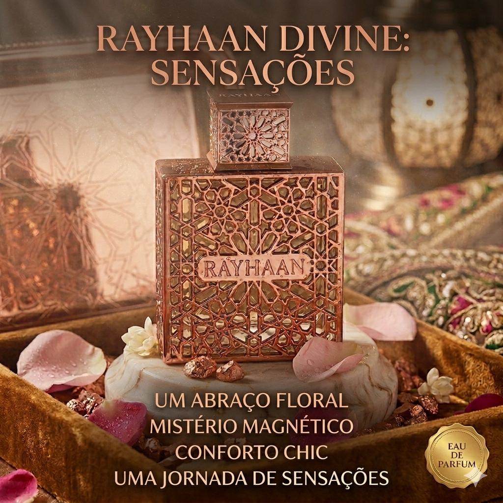 Frasco de perfume Rayhaan Divine Original da Luxos do Oriente, com frasco elegante e detalhes dourados, para perfume Eau de Parfum