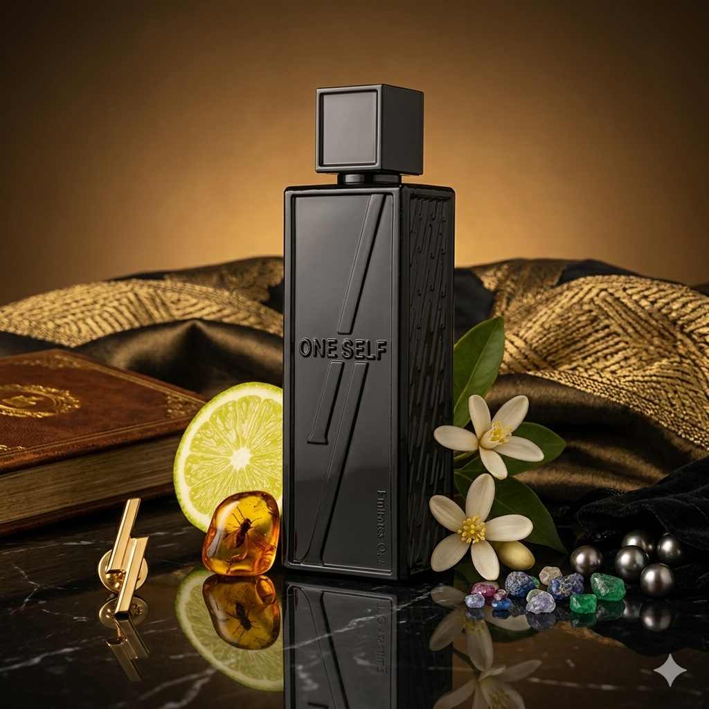 Fragrância Eau de Parfum One Self da Luxos do Oriente, frasco elegante, refletindo luz e detalhes do design do perfume.