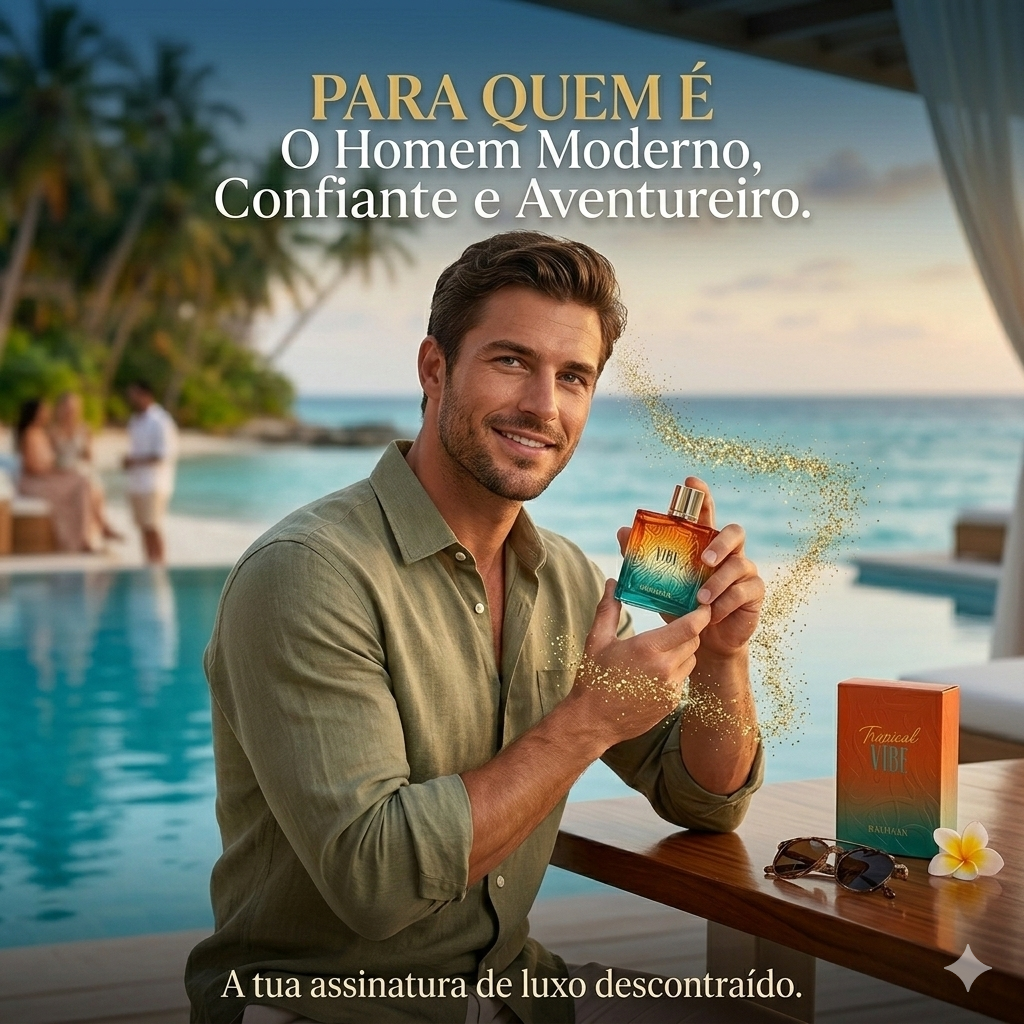 Frasco de perfume Rayhaan Tropical Vibe da Luxos do Oriente, com design elegante e detalhes em dourado, destaque para a fragrância exótica.