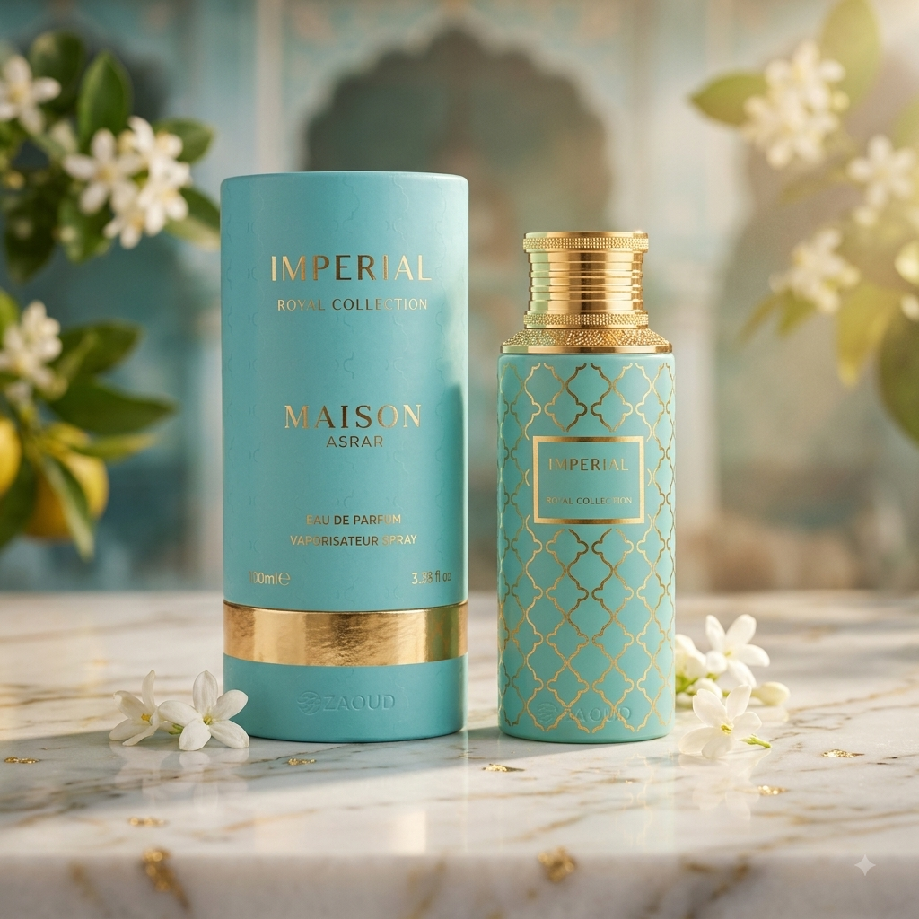 Frasco de Eau de Parfum Imperial da Maison Asrar, com design elegante e detalhes dourados, sobre fundo neutro.