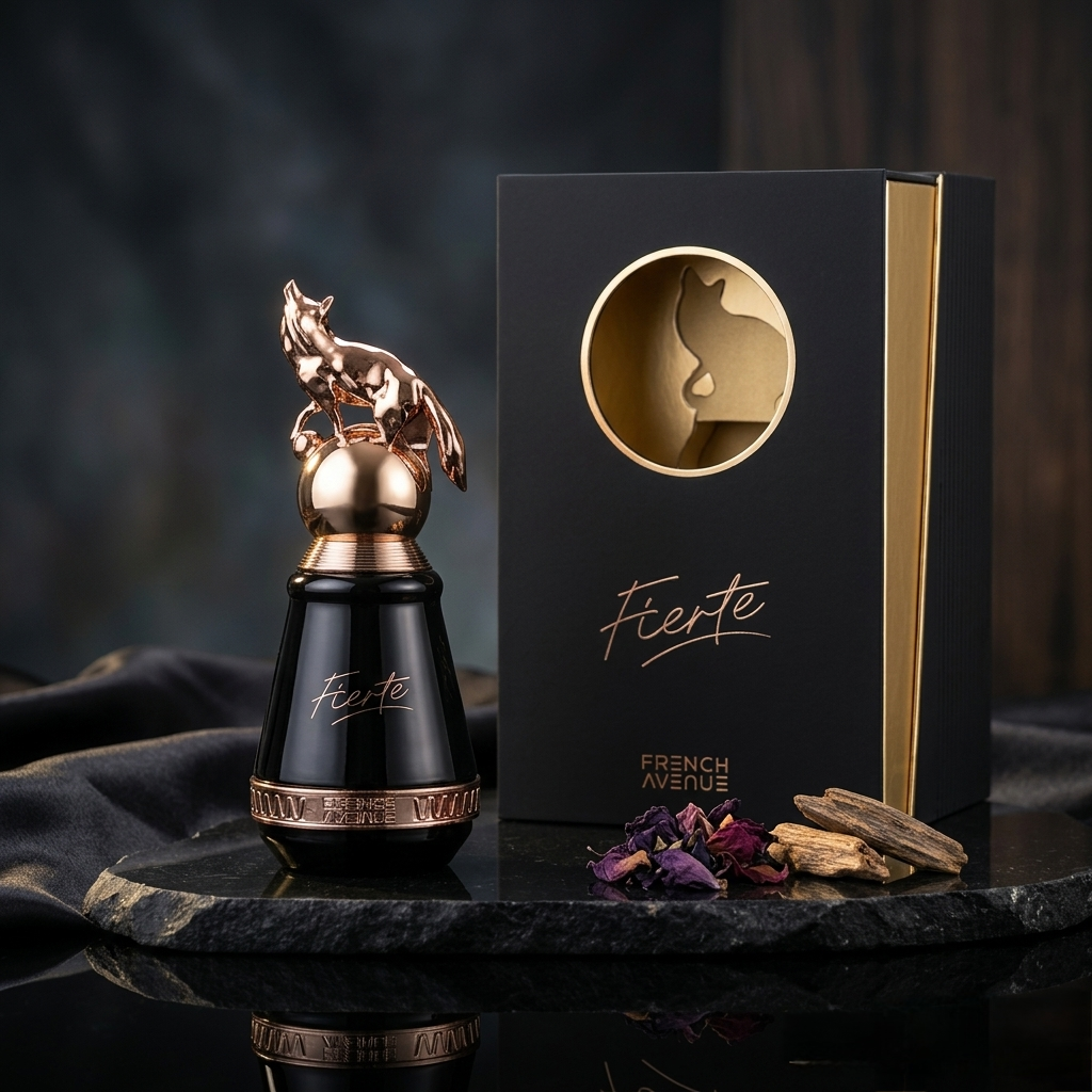 Frascos de perfume Fierté Eau de Parfum French Avenue da Luxos do Oriente, com design elegante e detalhes sofisticados.