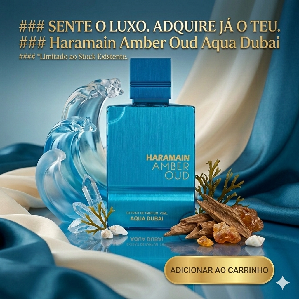 Frasco de perfume Haramain Amber Oud Aqua Dubai, extrait de parfum da marca Al Haramain, com embalagem elegante e design sofisticado