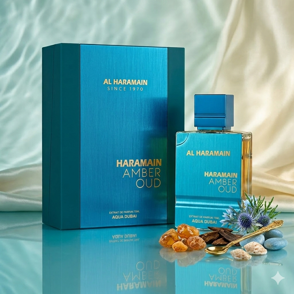 Frasco de perfume Haramain Amber Oud Aqua Dubai, extrato de parfum da marca Al Haramain, com rótulo dourado e design elegante