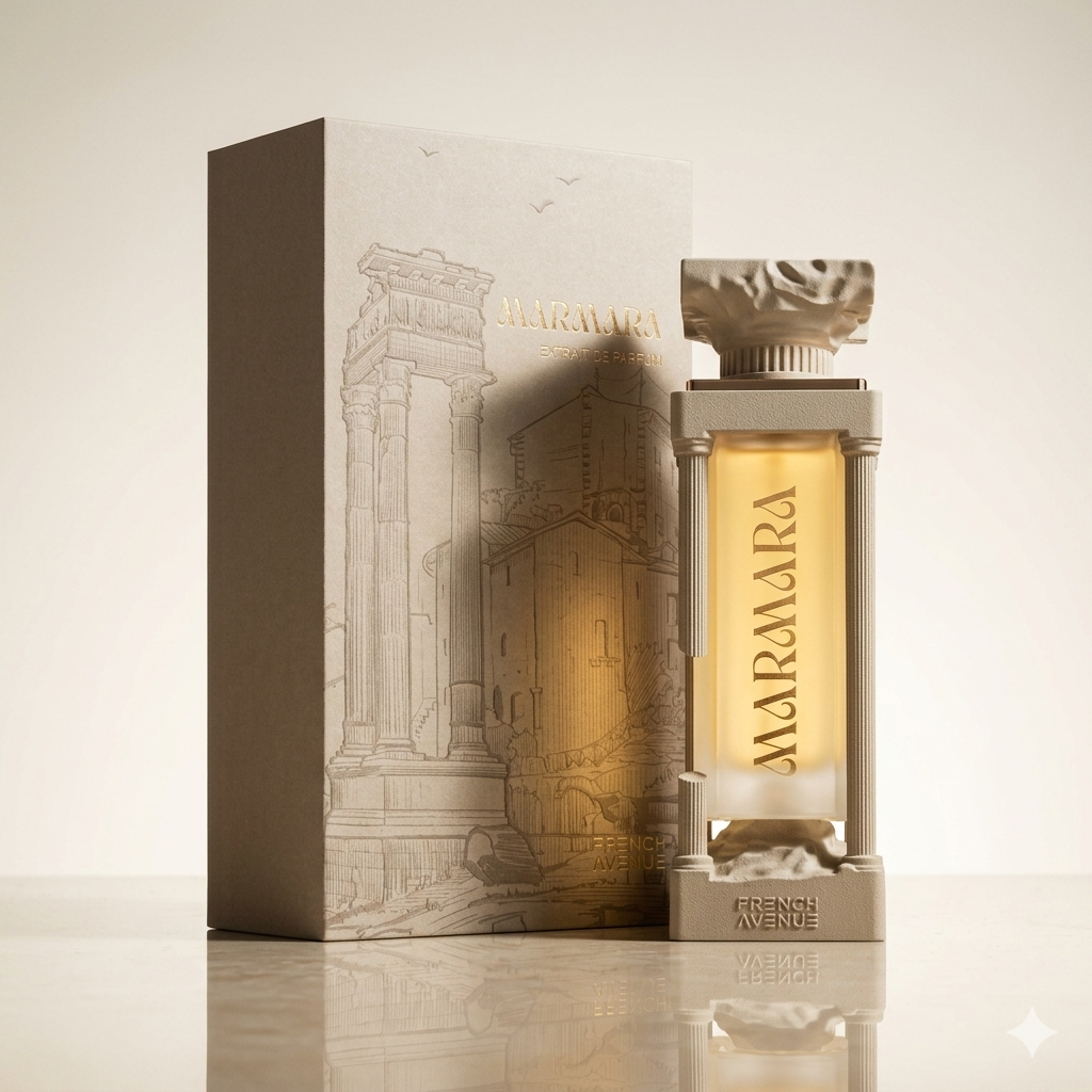 Frasco de perfume Marmara Extrait de Parfum French Avenue da marca Luxos do Oriente, com embalagem elegante e design sofisticado.