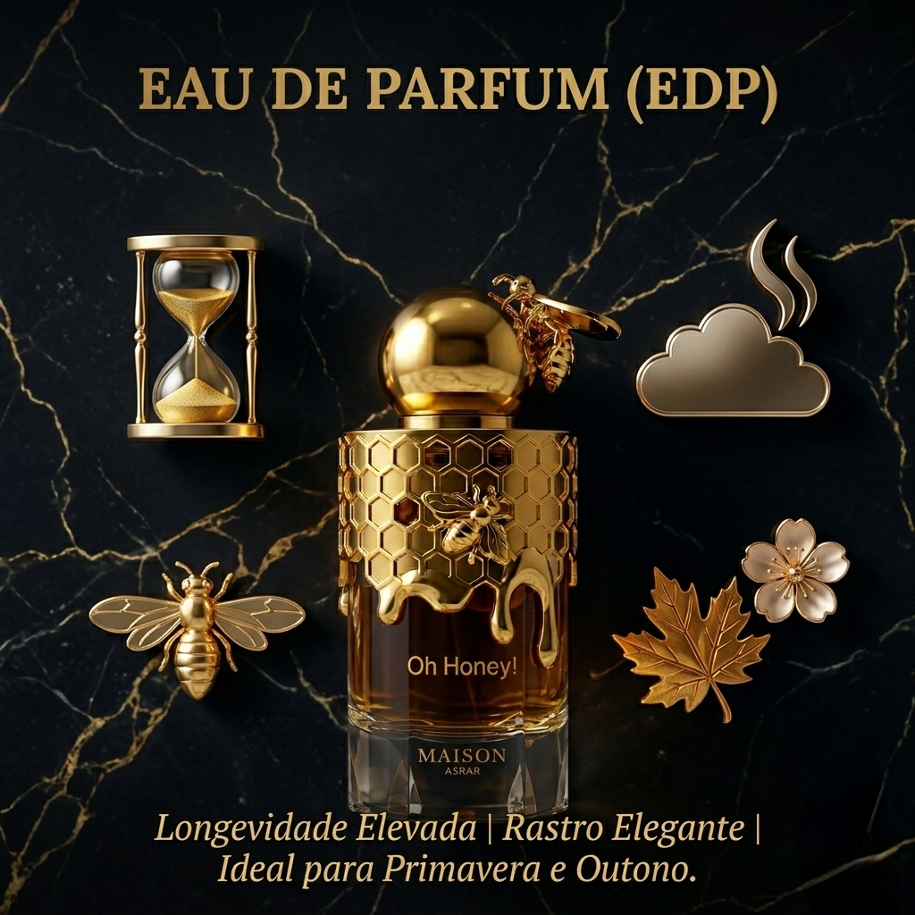 Perfume Oh Honey! Eau de Parfum da Maison Asrar, embalagem elegante, líquido dourado e frasco sofisticado.