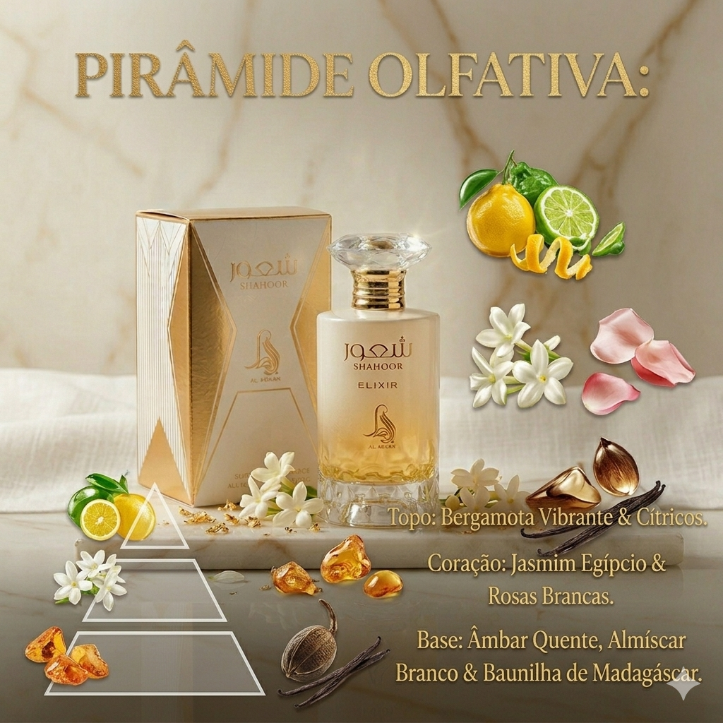 Frasco de Eau de Parfum Shahoor Elixir da Fragrance World, com design elegante e detalhes dourados, para uma fragrância luxuosa.