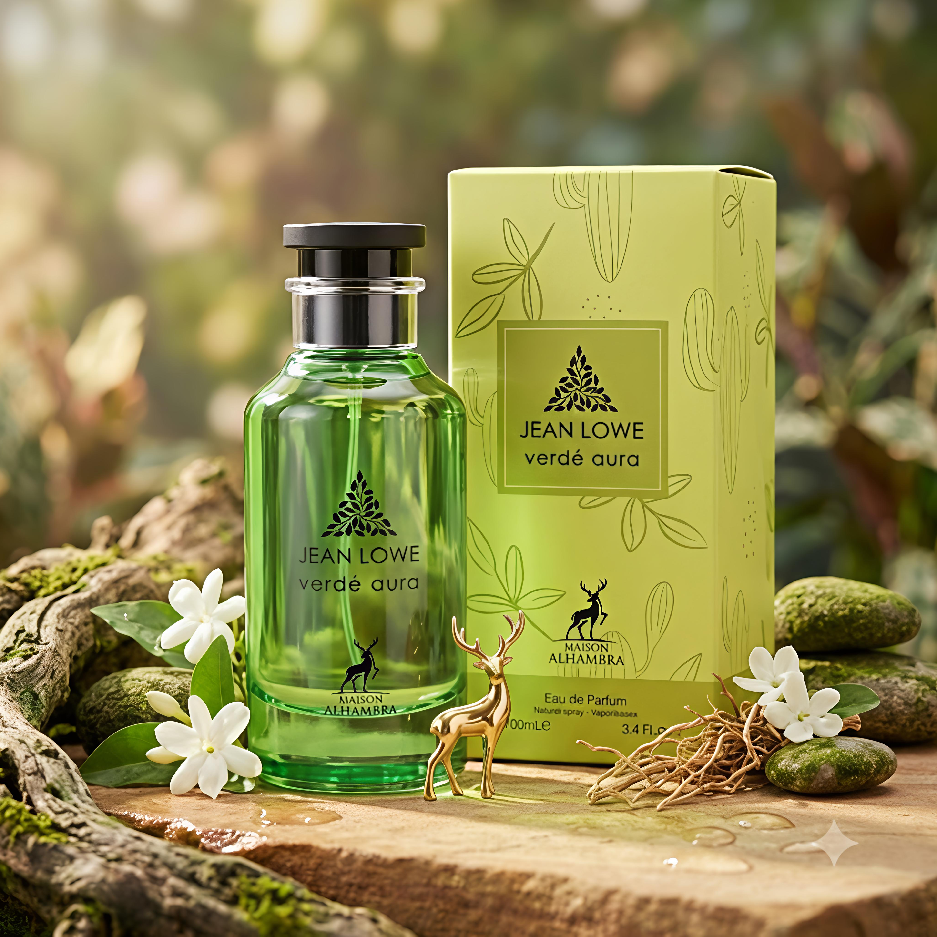 Frasco de perfume Maison Alhambra Jean Lowe Verde Aura, Eau de Parfum, com frasco verde e detalhes elegantes.