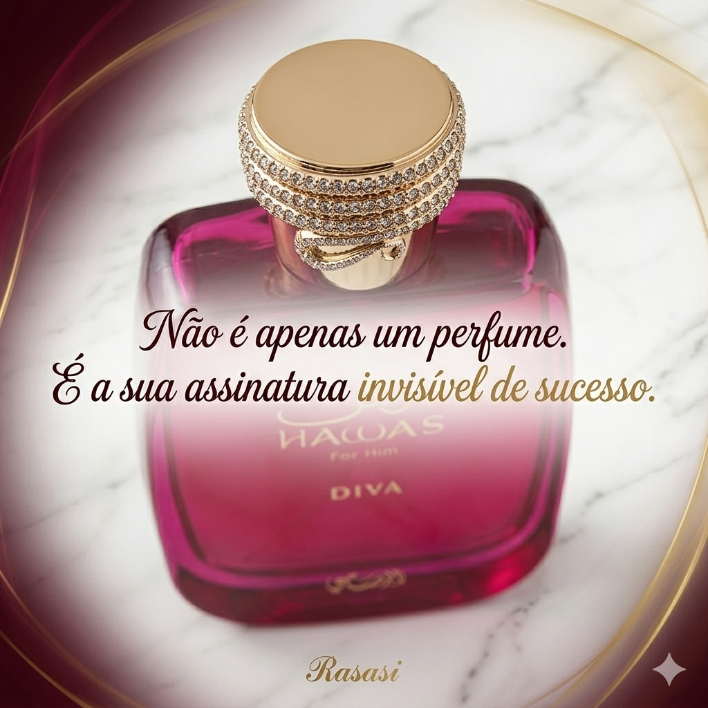 Frasco de perfume Hawas Diva Eau de Parfum da Rasasi, embalagem elegante e detalhes do frasco na imagem.