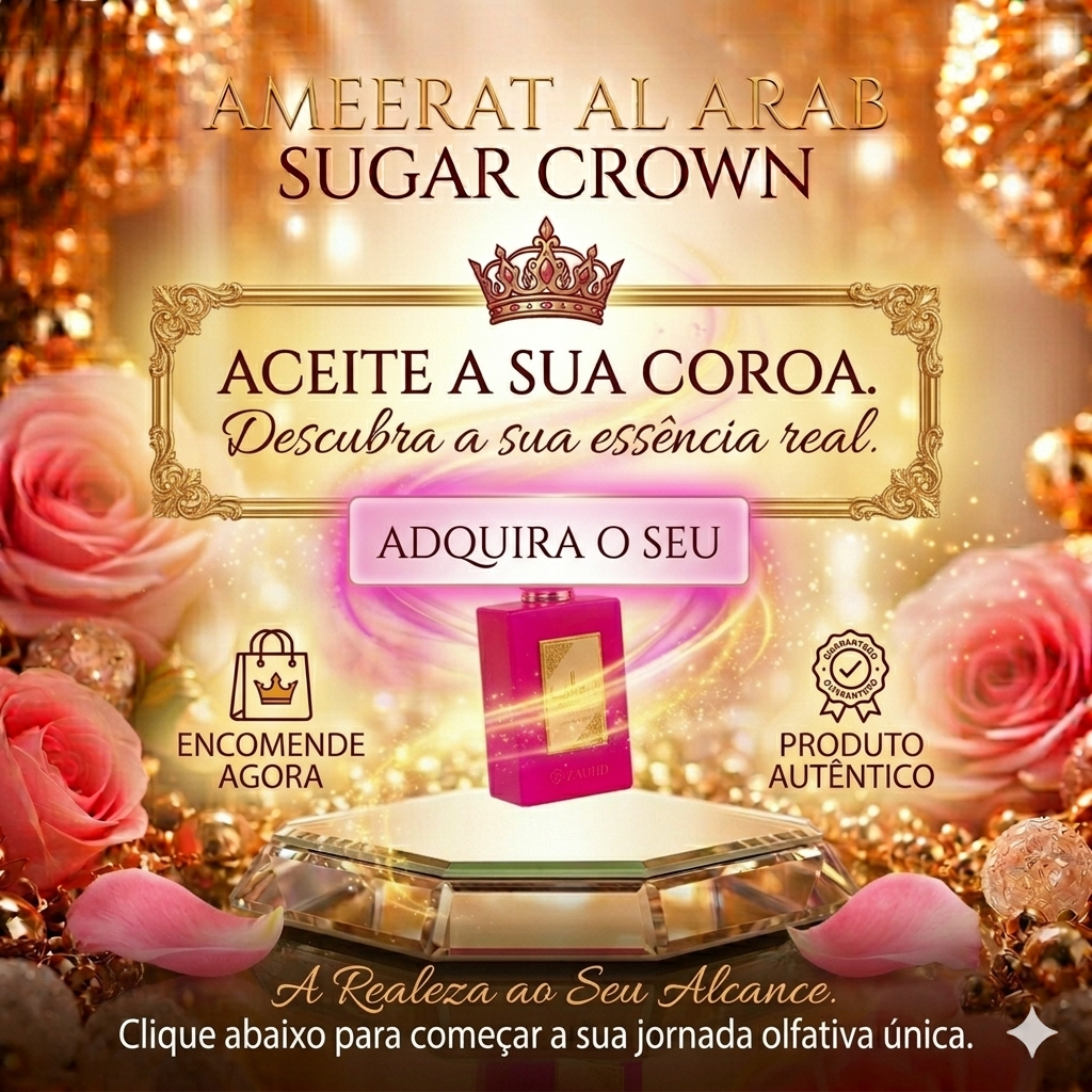 Coroa de açúcar Ameerat Al Arab por Lattafa, fragrância Oud de Ouro, com detalhes dourados e design elegante.