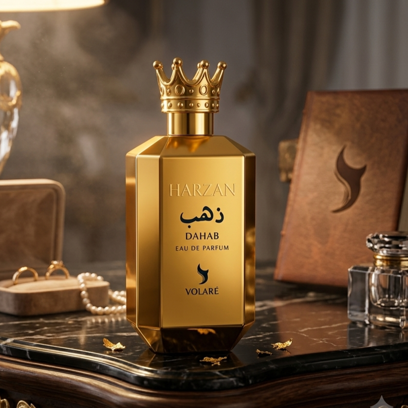 Frasco de Eau de Parfum Harzan Dahab Volaré da Luxos do Oriente, com design elegante e detalhes dourados.