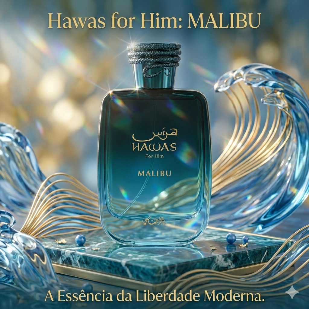 Frasco de Eau de Parfum Hawas Malibu da Rasasi, fragrância luxuosa com design elegante e detalhes sofisticados.