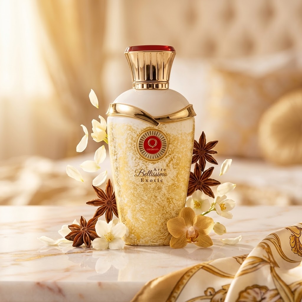 Frasco de perfume Arte Bellisimo Exotic da Orientica, Eau de Parfum, com design elegante e detalhes dourados.