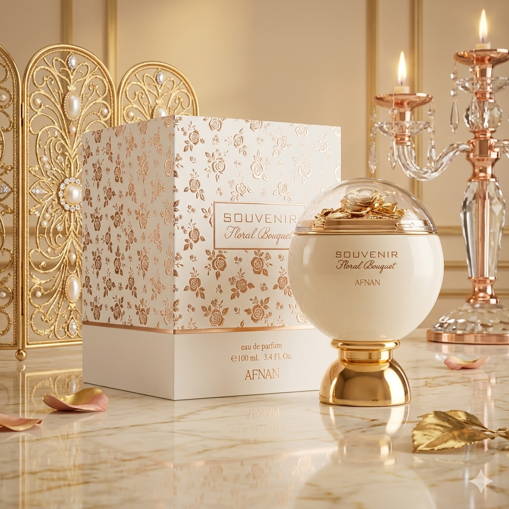 Bouquet floral em frasco de perfume Eau de Parfum Afnan Original, com design elegante e detalhes florais, da Luxos do Oriente.
