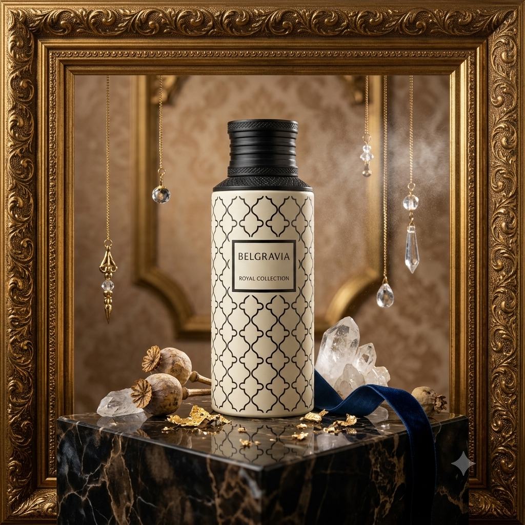 Frasco de Eau de Parfum Belgravia da Maison Asrar, com design elegante e detalhes sofisticados, para uso feminino e masculino.