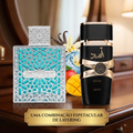 Conjunto de perfumes Luxos do Oriente Asad e Rayhaan Aquática, frascos elegantes de vidro com rótulos detalhados.